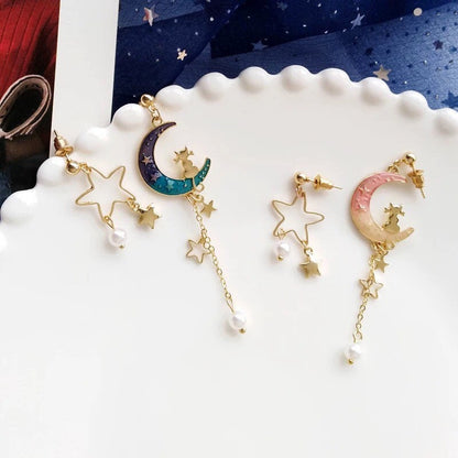 Cat on the Moon and Star Earrings