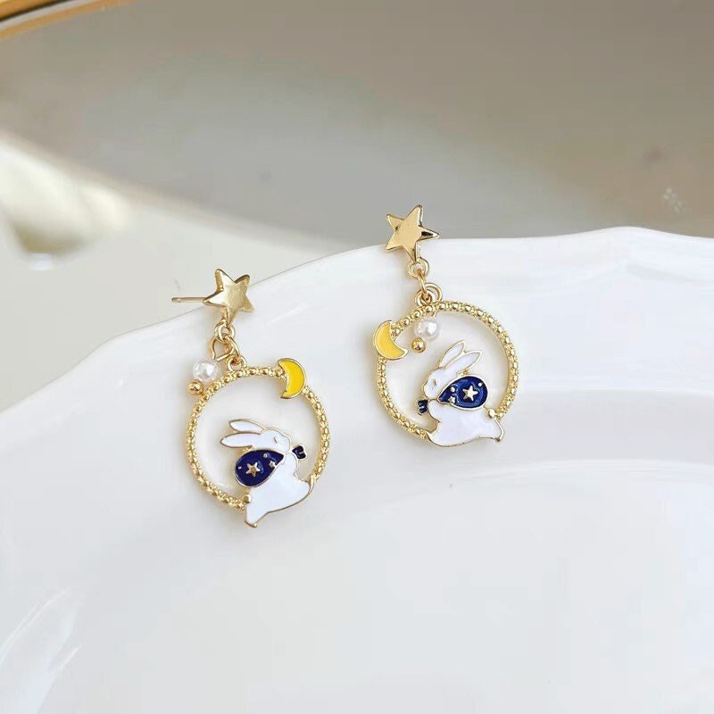 Rabbit on the Moon Earrings, Bunny Moon and Stars Earrings