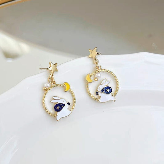 Rabbit on the Moon Earrings, Bunny Moon and Stars Earrings