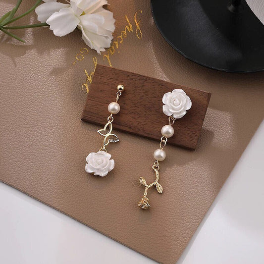 White Rose Butterfly Pearl Dangle Earrings