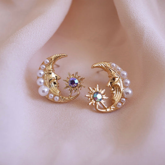 Moon and Sun Vintage Inspired Stud Earrings