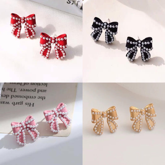 Bow and Mini Pearl Ribbon Stud Earrings, Black/ Red/ Gold/ Pink