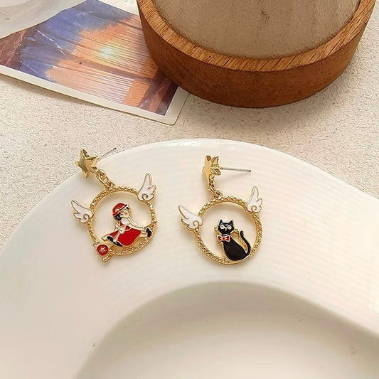 Witch and Black Cat Magic Girl Earrings, Japanese Anime Kiki's Earrings