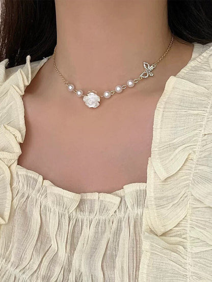 White Rose, Butterfly and Pearl Choker Necklace