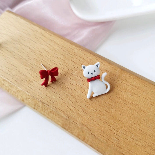 White Cat and Red Ribbon Stud Earrings