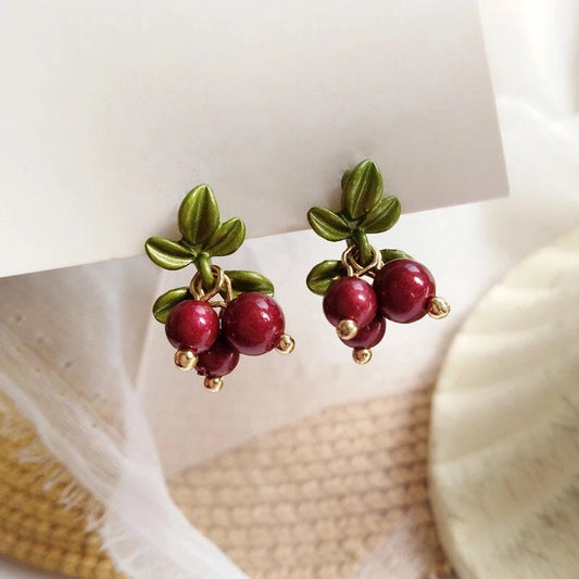 Red Cranberry with Green Leaves Fruit Drop Earrings