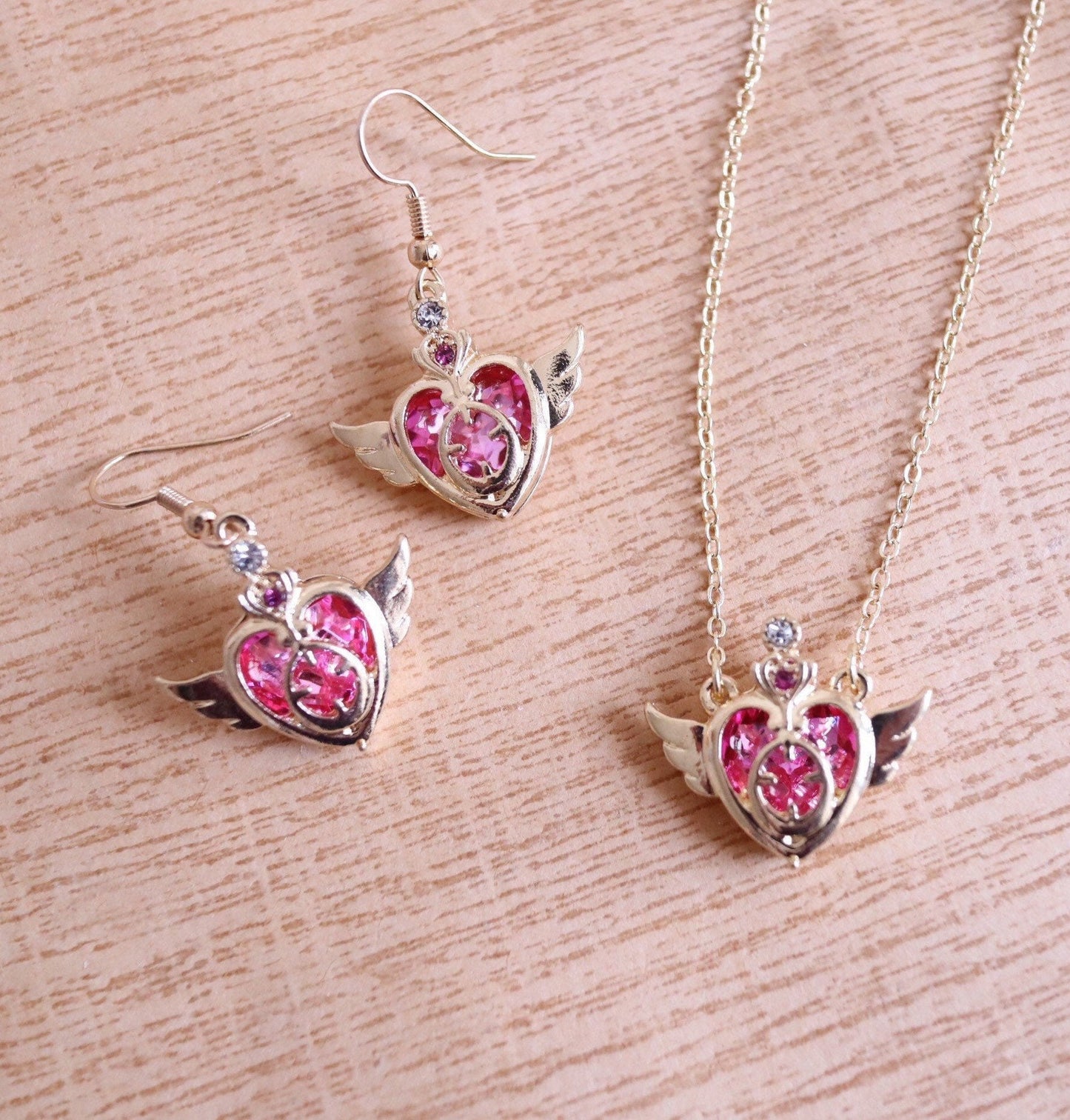 Heart with Angel Wings Compact Necklace/ Earrings, Sailor Moon Inspired Jewelry Set