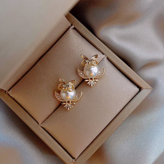 Owl Stud Earrings, Gold Bird on Pearl Earrings