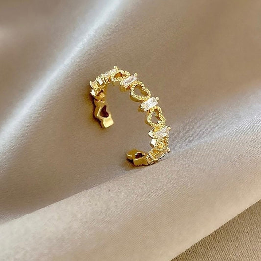 Gold Heart Valentine's Ring, Open and Adjustable Ring, with Cubic Zirconia