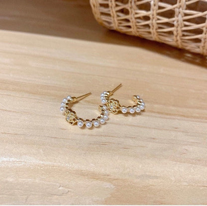 Pearl and Rose Hoop Golden Earrings