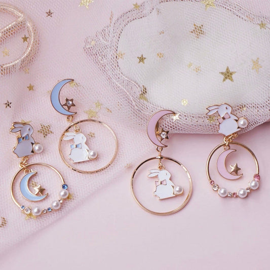 Cute Bunny/ Rabbit Moon and Star Dangle Earrings, Pierced or Clip On