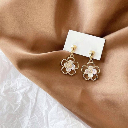 Golden Heart with White Flower Dangle Earrings