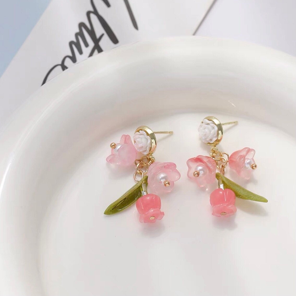 Pink Lily of the Valley Earrings, Fuchsia Rose Flower Earrings