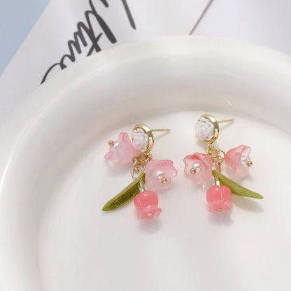 Pink Lily of the Valley Earrings, Fuchsia Rose Flower Earrings