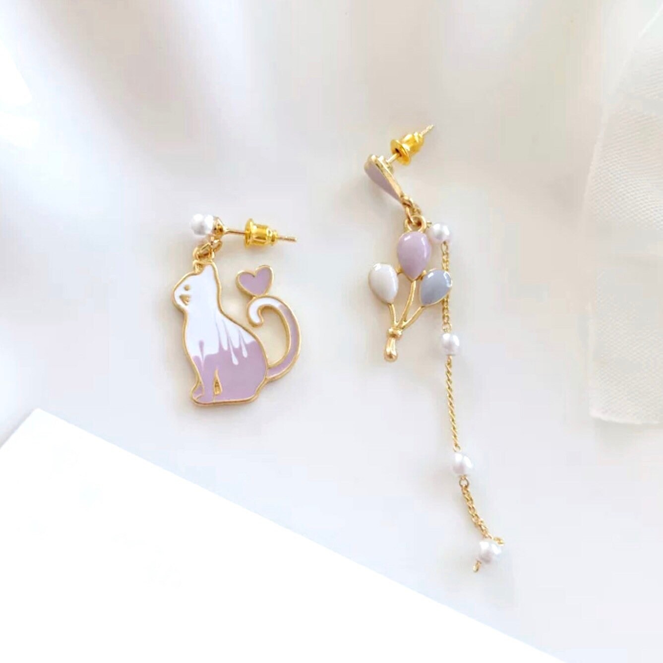 Purple & White Cat with Balloon in a Carnival Mismatch Dangle Earrings