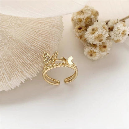 Butterfly Double Layer Gold Ring, Statement Ring, Open Ring, Adjustable Ring