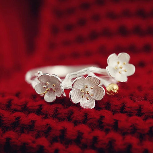 Cherry Blossom Sakura Silver Adjustable Ring, 925 Sterling Silver Ring