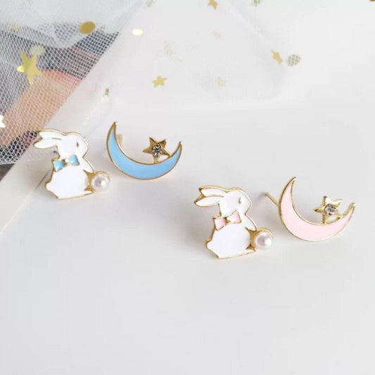 Rabbit / Bunny and Moon Stud Earrings, Pierced or Clip On