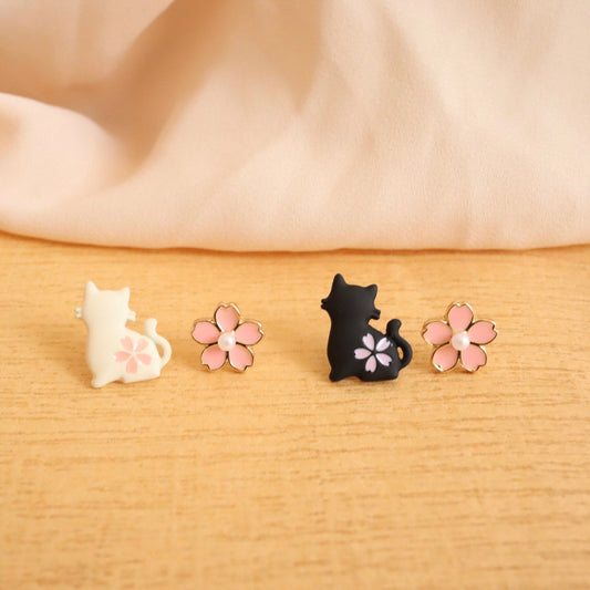 Cat Sakura Cherry Blossom Stud Earrings, White Cat/ Black Cat