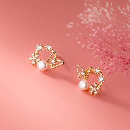 Butterfly Pearl Gold Ring Circle Stud Earrings