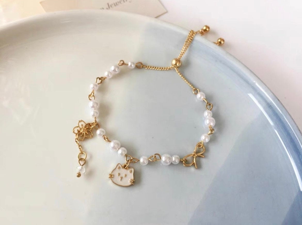 White Cat Cherry Blossom Charm Adjustable Bracelet