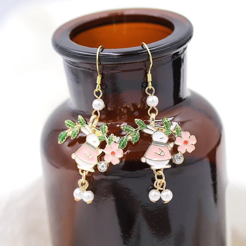 Cute Rabbit and Flower Garden Style Dangle Earrings