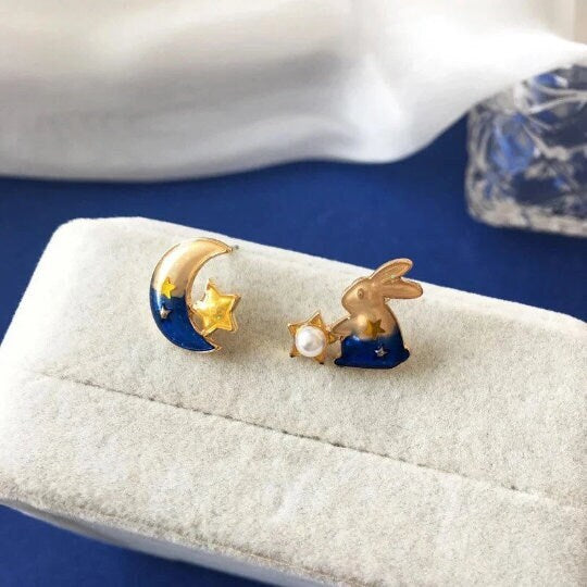 Rabbit and Blue Moon Stud Earrings