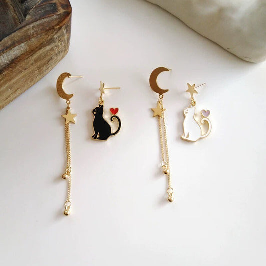 Black/ White Cat with Moon and Star Dangle Earrings