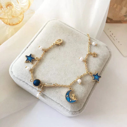 Cat and Blue Moon Charm Bracelet