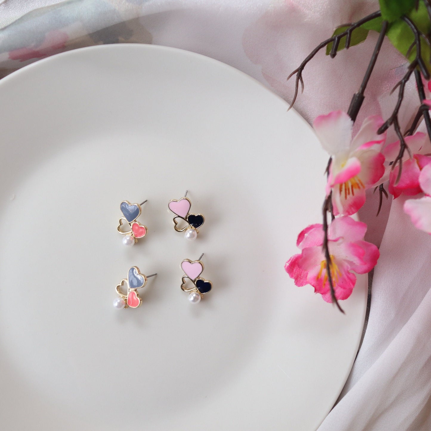 Cute Colorful Heart and Pearl Earrings