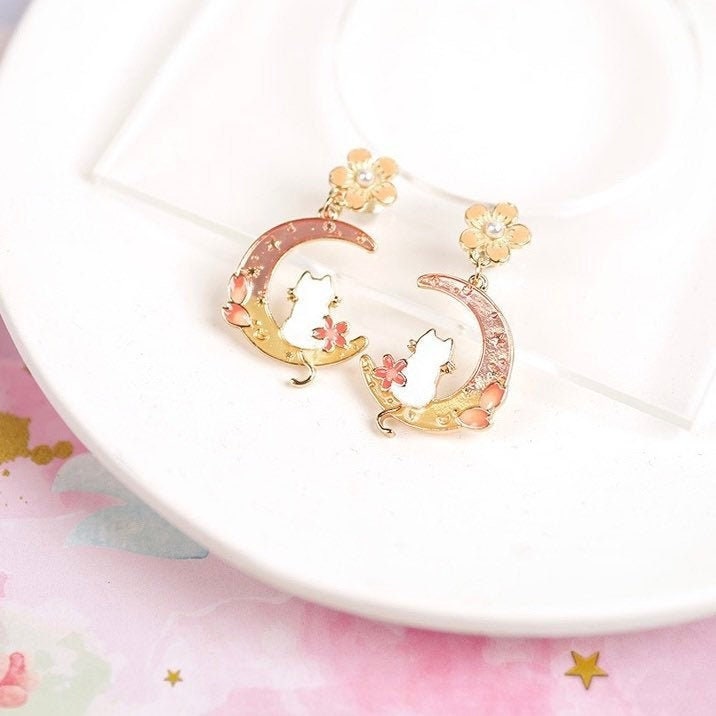 Moon Cat Cherry Blossom Earrings