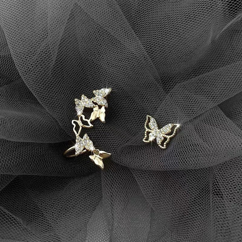 Golden Butterfly Ear Climber Mismatch Earrings