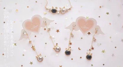 Sailor Moon Inspired Cat Necklace/ Earrings, Black and White Cat, Jewelry Set