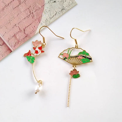 Gold Fish and Lily Pond, Koi and Water Lily Fan Earrings