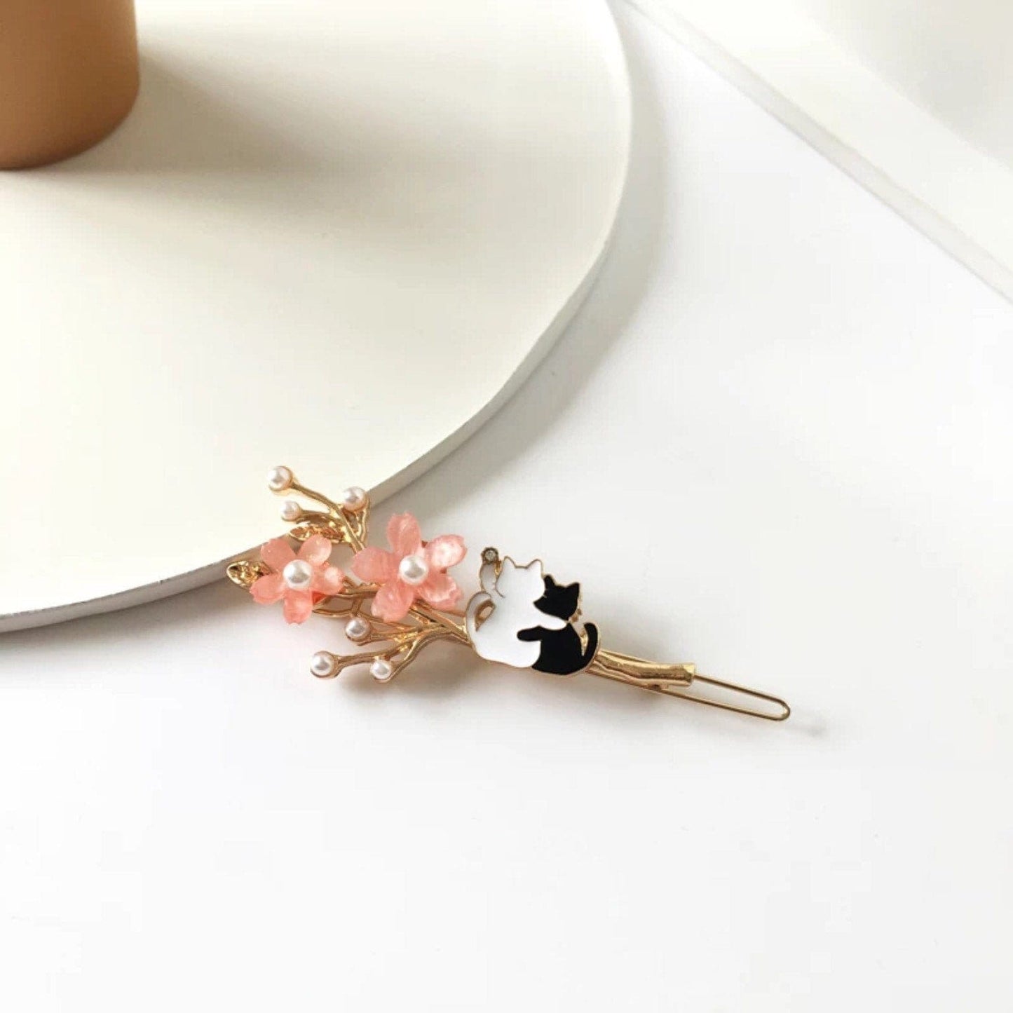 Japanese Cherry Blossom and Hugging Cats Hair Clip