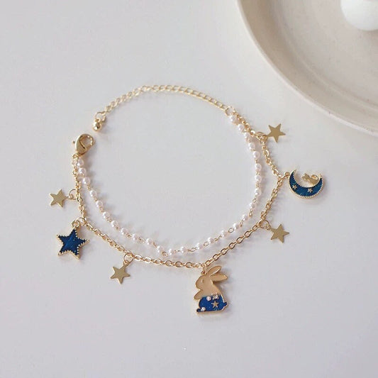 Blue Rabbit, Moon and Star Bracelet