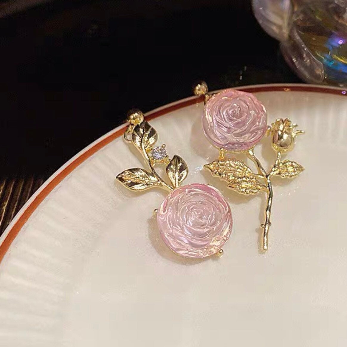 Pink Rose Flower Golden Dangle Earrings