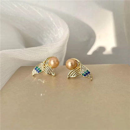 Mermaid Tail Golden Pearl Stud Earrings