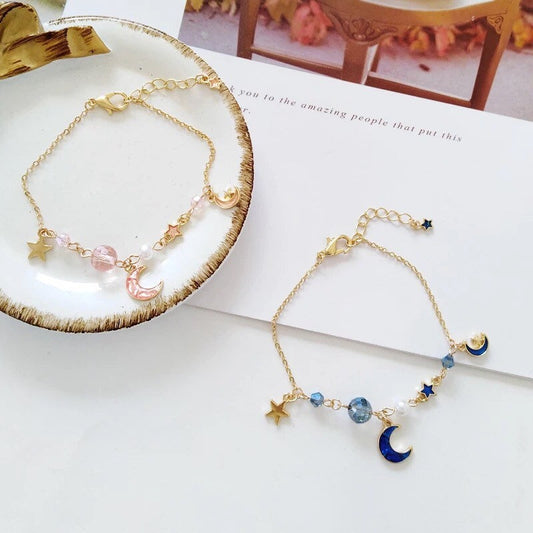 Moon and Star, Crescent Moon Charm Bracelet, Blue / Pink and Gold Celestial Bracelet