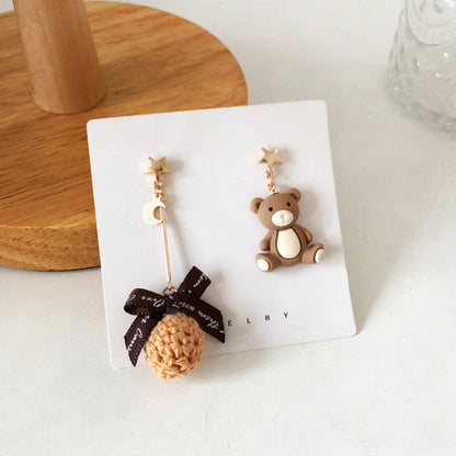 Teddy Bear and Knitted Ball Mismatch Cute Earrings