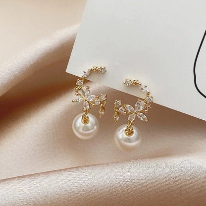 Sparky Moon Cubic Zirconia and Pearl Drop Earrings