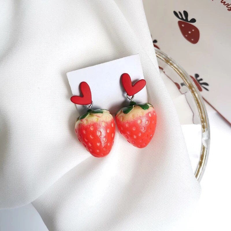 Big Strawberry Red Heart Dangle Earrings