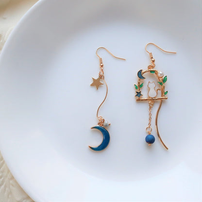 Blue Moon Cat Cute Dangle Earrings