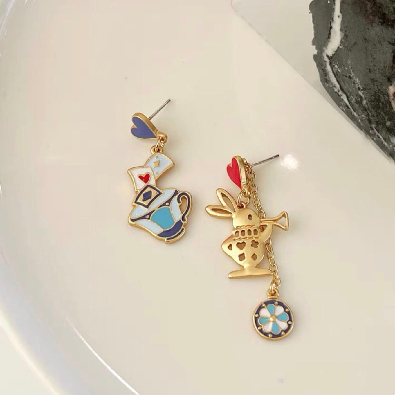 Golden Bunny/ Rabbit Earrings, Alice in the Wonderland Playing Card and Tea Cup Earrings