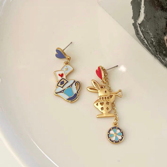 Golden Bunny/ Rabbit Earrings, Alice in the Wonderland Playing Card and Tea Cup Earrings