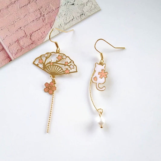 Sakura Cherry Blossom, Cat and Fan Laser-Cut Earrings