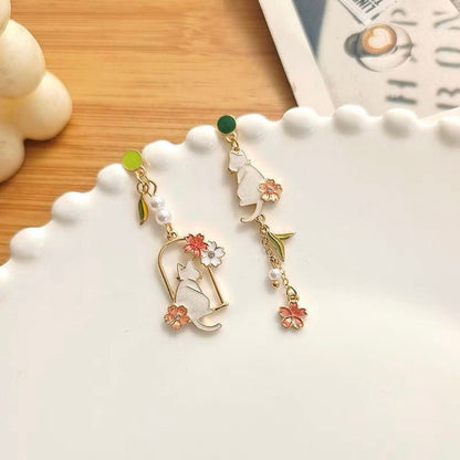 White Cat with Cherry Blossom Blooming Spring Earrings