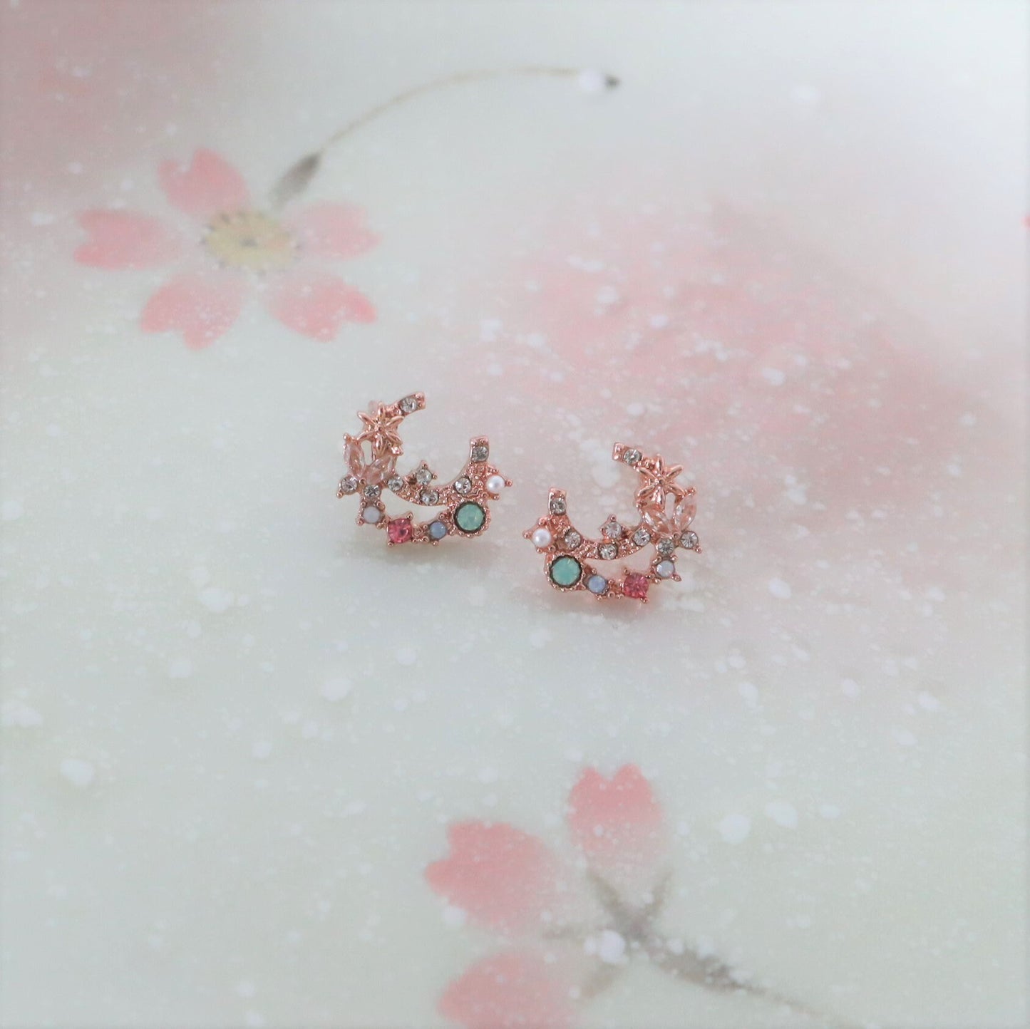 Crescent Moon with Sparky Gems Rose Gold Stud Earrings