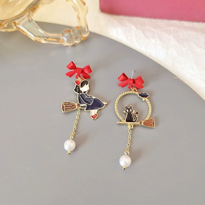 Witch and Black Cat Earrings, Magic Girl Kiki Earrings