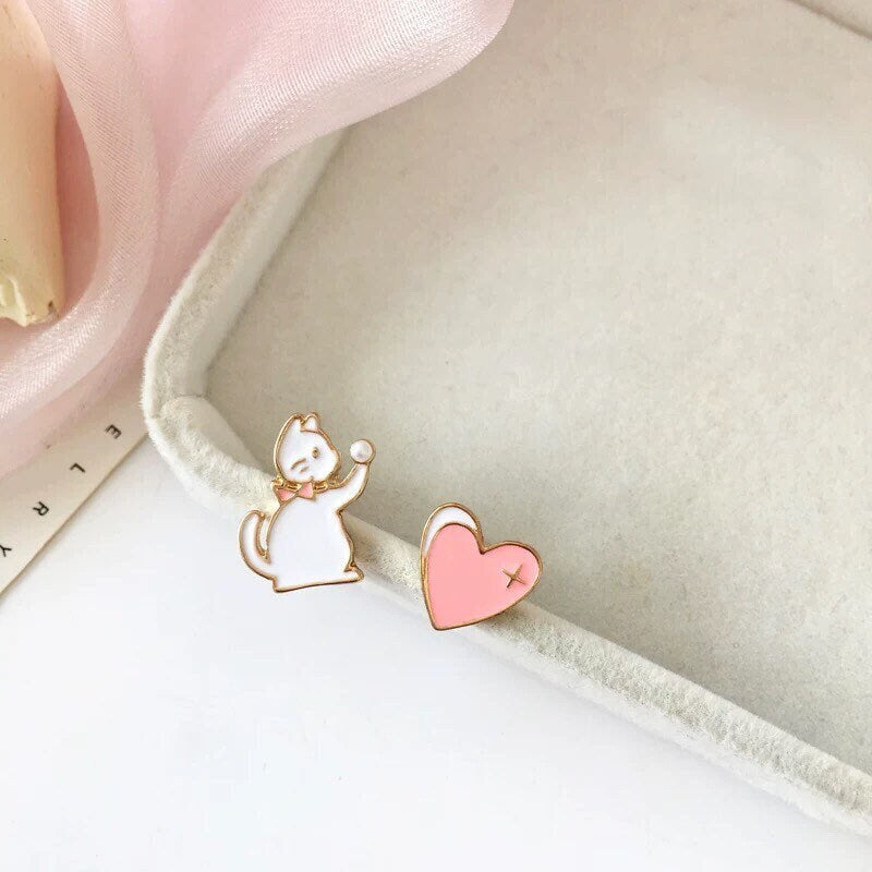 White Cat and Pink Heart Stud Earrings